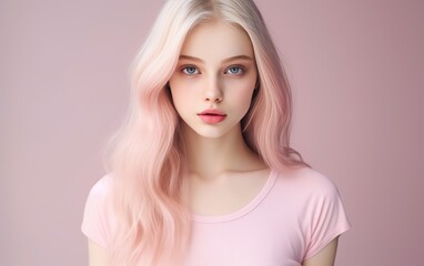 Fototapeta premium Portrait of a young woman on a clean background in pink tones.