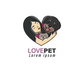 Woman holding dog and cat in heart shaped vector stock illustration