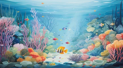 Schilderijen op glas An underwater underwater pool with colorful coral and fish © ginstudio