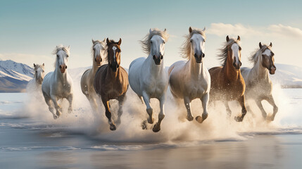 horses running wild on different environment for freedom concept