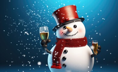 Naklejka premium A cheerful snowman in a red hat and scarf with a blank white card in his hands, with snowflakes softly falling from the gentle blue sky