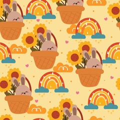 seamless pattern cartoon bunny inside a basket with sky element. cute animal wallpaper for textile, gift wrap paper