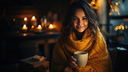 Beautiful woman with warm sweater and cup of coffee at home