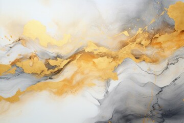 Banner with fluid art texture. Backdrop with abstract mixing paint effect. Liquid acrylic artwork that flows and splashes. Mixed paints for interior poster. Gray, gold and white colors