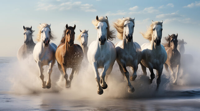 horses running wild on different environment for freedom concept