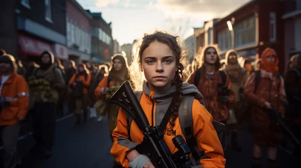 Foto auf Alu-Dibond young teenager teen girl is armed, on the streets protesting or riot or demonstrating or fighting as resistance, young generation with weapons guns and rifles, fictional demonstration © wetzkaz