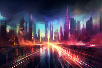 Fototapeta na wymiar Futuristic cityscape blurry light trailing into abstract cityscape at night