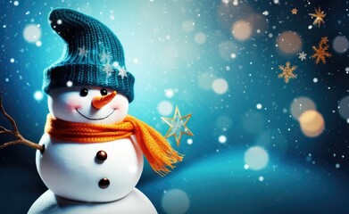 A delightful snowman with a bright bobble hat and a striped scarf cheerfully greets amidst a magical snowfall - obrazy, fototapety, plakaty