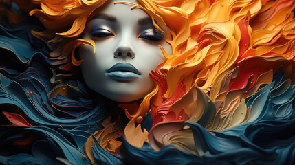 a woman wearing a hair made of colored fire and in firey water