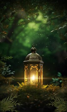 a arabic lantern on wooden table in the forest at night copy space, ramadhan, eid mubarak, celebration ramadan festive, seamless looping 4K video animation background