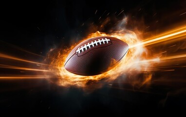 Super bowl poster. Traditional American leather football spinning flying on dark background. Rugby ball. Fire motion rays, friction, dust, speed, light burst. Copy space at the right. AI Generative - Powered by Adobe