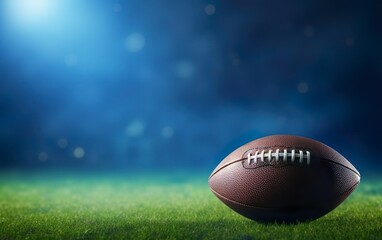 Super bowl poster. Banner with American football isolated on dark green and blue background. Rugby ball on the stadium field grass. De focus, bokeh, blurred. Copy space at the left. AI Generative