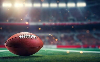 Super bowl poster. Photorealistic American football with white laces on evening stadium grass background. Tournament banner with blurred background, bokeh, de focus, outside. Rugby ball. AI Generative
