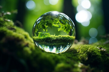 A green tree seen through the lens ball. A lens ball on green moss., Green nature in the water ball - Powered by Adobe