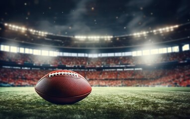 Super bowl poster. Traditional American football with laces and white stripes on stadium background. Brown and white leather equipment. Rugby ball. AI Generative