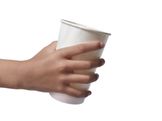 Hand holding white disposable coffee cup asking for drink, little kid begging for money