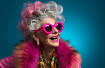Fashionista in Pink Shades and Luxurious Fur Coat. An elderly woman wearing pink sunglasses and a pink fur coat on  bright blue background.