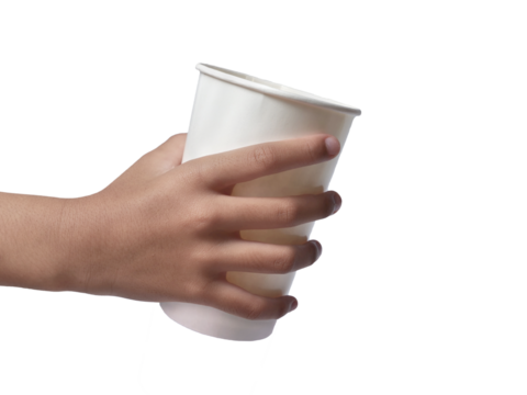 Hand holding white disposable coffee cup asking for drink, little kid begging for money