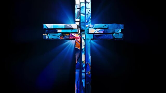 An inspiring image of a mosaic cross, with its abstract design and use of reflective materials creating a mesmerizing effect. The piece seems to come to life as the viewer moves around it,