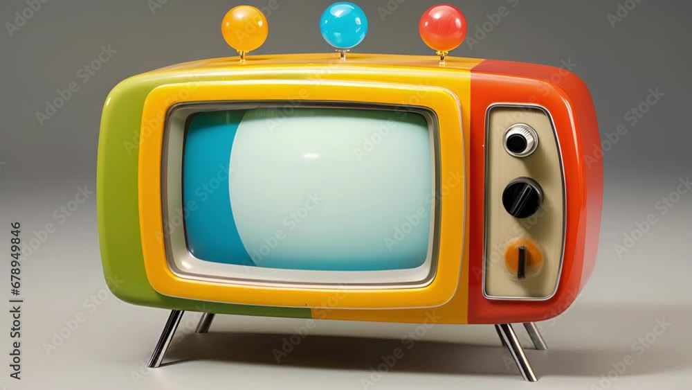 Poster a colorful and vibrant television set with curved edges and a rounded chrome base with four silver s