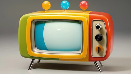 A colorful and vibrant television set with curved edges and a rounded chrome base with four silver s on the top for tinkering with the sound and picture.