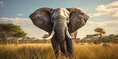 a elephant standing in the field on a green field, generative AI - obrazy, fototapety, plakaty
