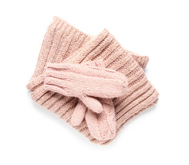 Pair of knitted mittens with warm scarf on white background