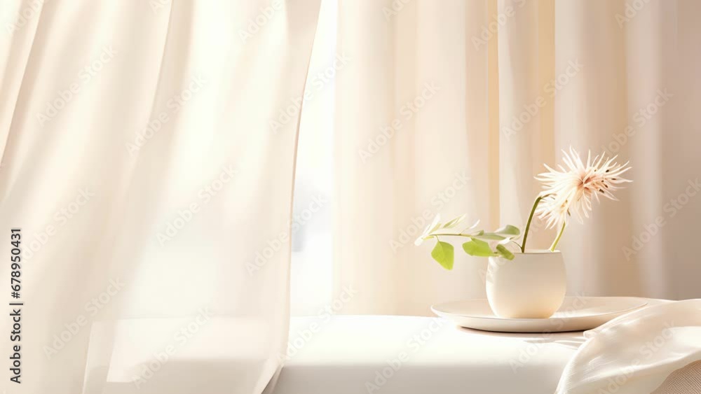 Poster a calming, zeninspired scene with a minimalist style, portraying a soft, diffused light cascading th