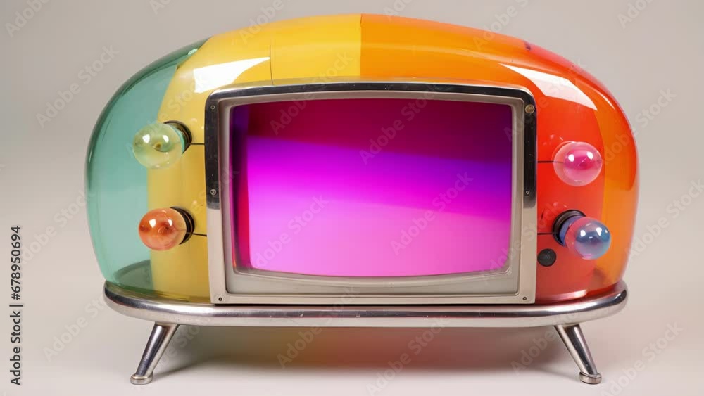 Poster a gumdrop shaped television with a lucite case featuring a chrome and black trim surrounded by 8 chr