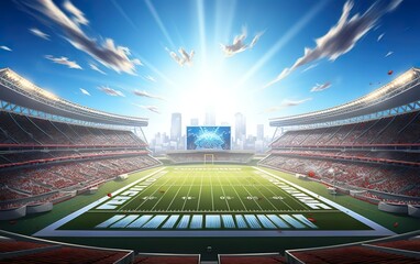 Super bowl graphic poster illustration. American football stadium background for sport event banner on a sunny day with city skyline and sun backlight. Rugby championship competition. AI Generative