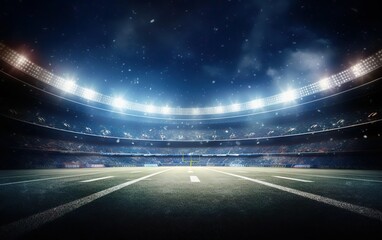 Fototapeta na wymiar Super bowl dramatic poster. American football stadium background for sport event banner at night. Rugby championship competition banner. Blue and green, blurred, de focus, vignette. AI Generative