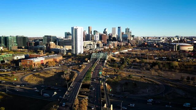 Downtown Denver Skyline at Golden Hour Aerial Shot