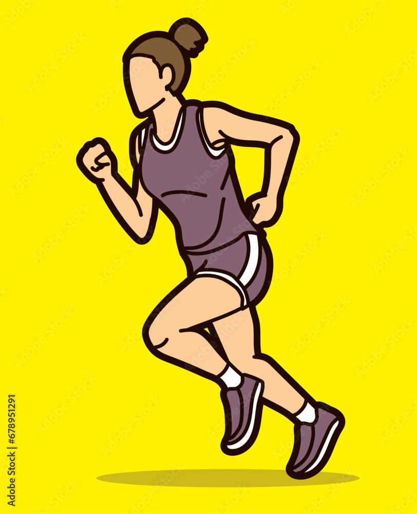 Sticker A Woman Start Running Jogging Marathon Runner Movement Action Cartoon Sport Graphic Vector