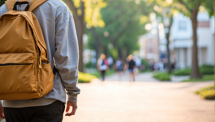 Obraz premium Back to school, Back of college student with backpack while going to university by walking from street