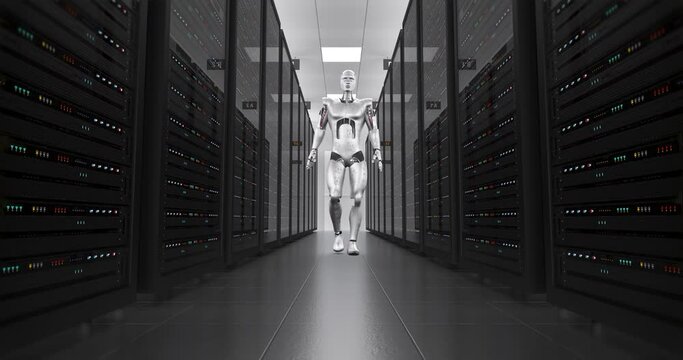 High Tech Android Robot In A Data Cloud Server Room. Technology Related 3D Animation.