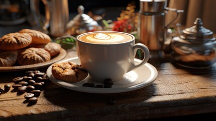 Obraz premium served cafeteria table, with delicious desserts and coffee generative ai