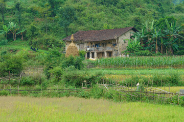 Old rural mountain stone village Bong Son with ancient houses in Trung Khanh, Cao Bang, Vietnam