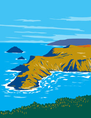 WPA poster art of Channel Islands National Park off the Pacific coast of the United States in the state of California USA done in works project administration or federal art project style.  © Redwater Vectors