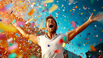 Happy man with open arms in confetti. - obrazy, fototapety, plakaty