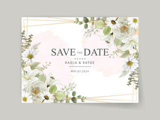 white flowers and leaves wedding invitation card template
