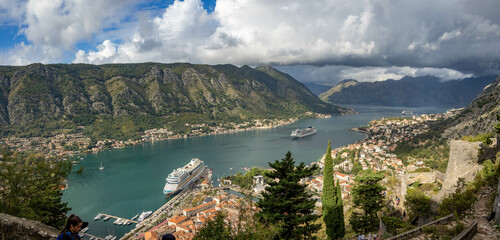 View of the fortified town of Kotor from San Giovanni Castle, Bay of Kotor, Adriatic Coast,...