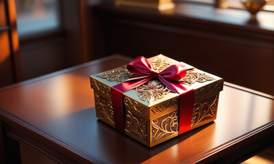 One golden gift box with elaborate decoration, Generative Ai