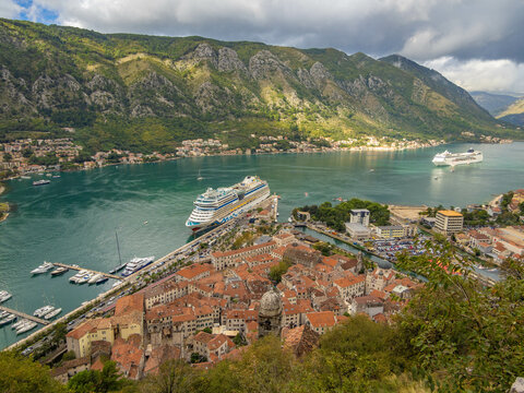 View of the fortified town of Kotor from San Giovanni Castle, Bay of Kotor, Adriatic Coast, Montenegro
