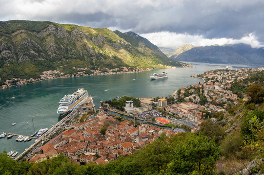 View of the fortified town of Kotor from San Giovanni Castle, Bay of Kotor, Adriatic Coast, Montenegro