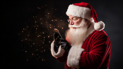 Photo of geeky Santa Claus with smartphone in his hands checking on social media