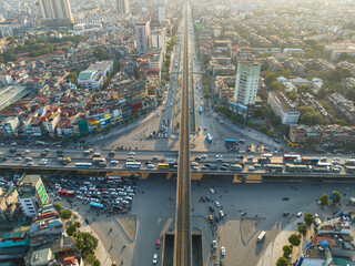 Fototapeta premium Hanoi skyline cityscape at sunset on Nguyen Trai - Khuat Duy Tien street