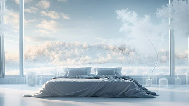 A gentle light background portrays a futuristic bedroom with floortoceiling windows framing a picturesque winter landscape. The soft, icy blue light filters through