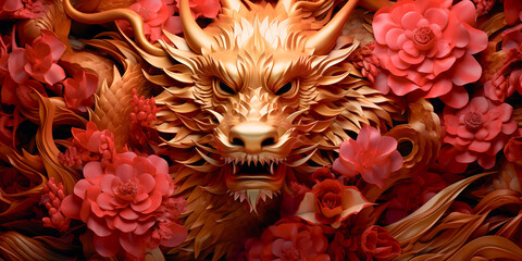 Stunning golden dragon 3D illustration. Chinese New Year 2024 concept