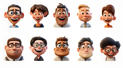 Set of funny cartoon people 3d animation with various races isolated on white background - obrazy, fototapety, plakaty
