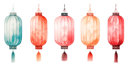 Watercolor style design of colorful Chinese traditional paper lanterns on white transparent background